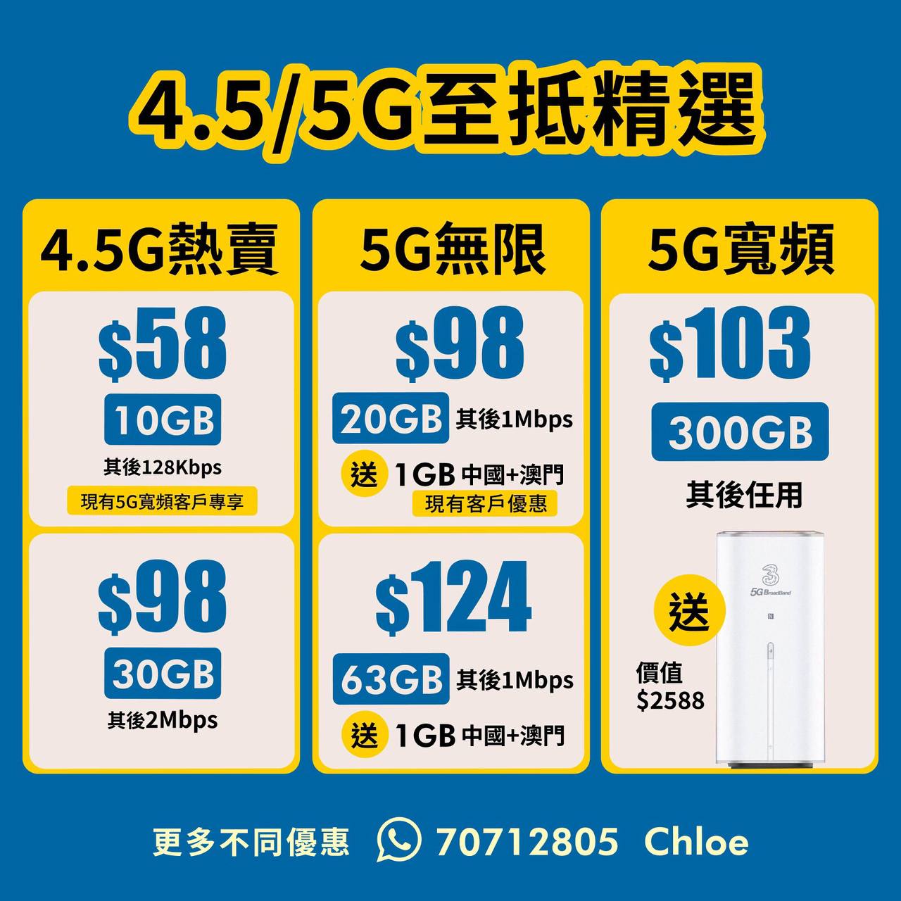5G上台/ 5G寬頻/4.5G任用月費計劃⭐
