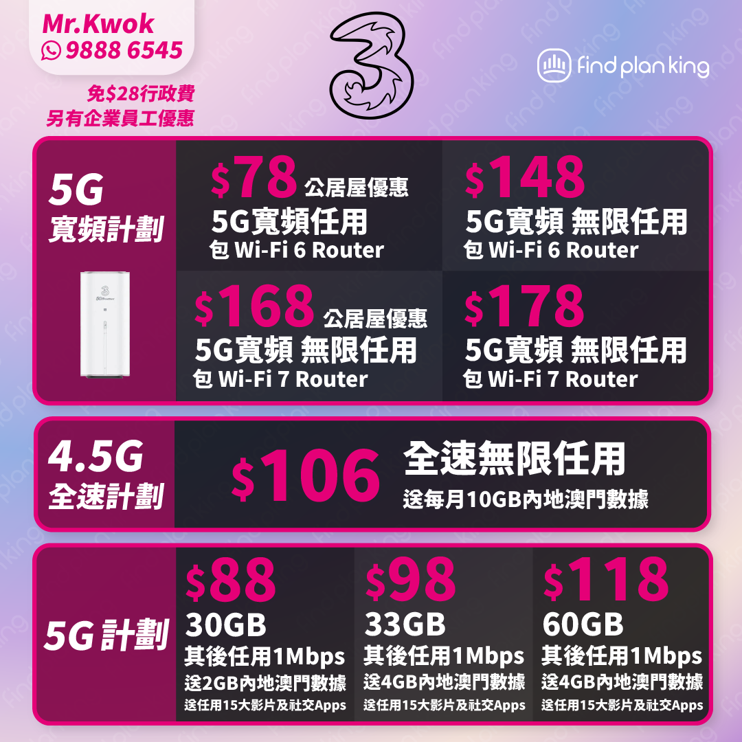 3HK寬頻優惠🛜5G寬頻$78任用😍5G $88 30GB+2GB中澳數據🎁任用15大影片及社交App🚀4.5G $106全速任用+10GB中澳數據📱iPhone 17優惠