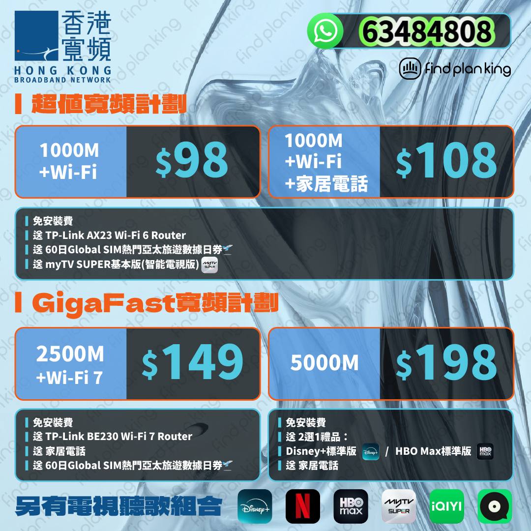 HKBN直銷優惠🛜1000M $98🖥️2500M $149🤩5000M $198🤩10G包Wi-Fi 7 $998👏🏻