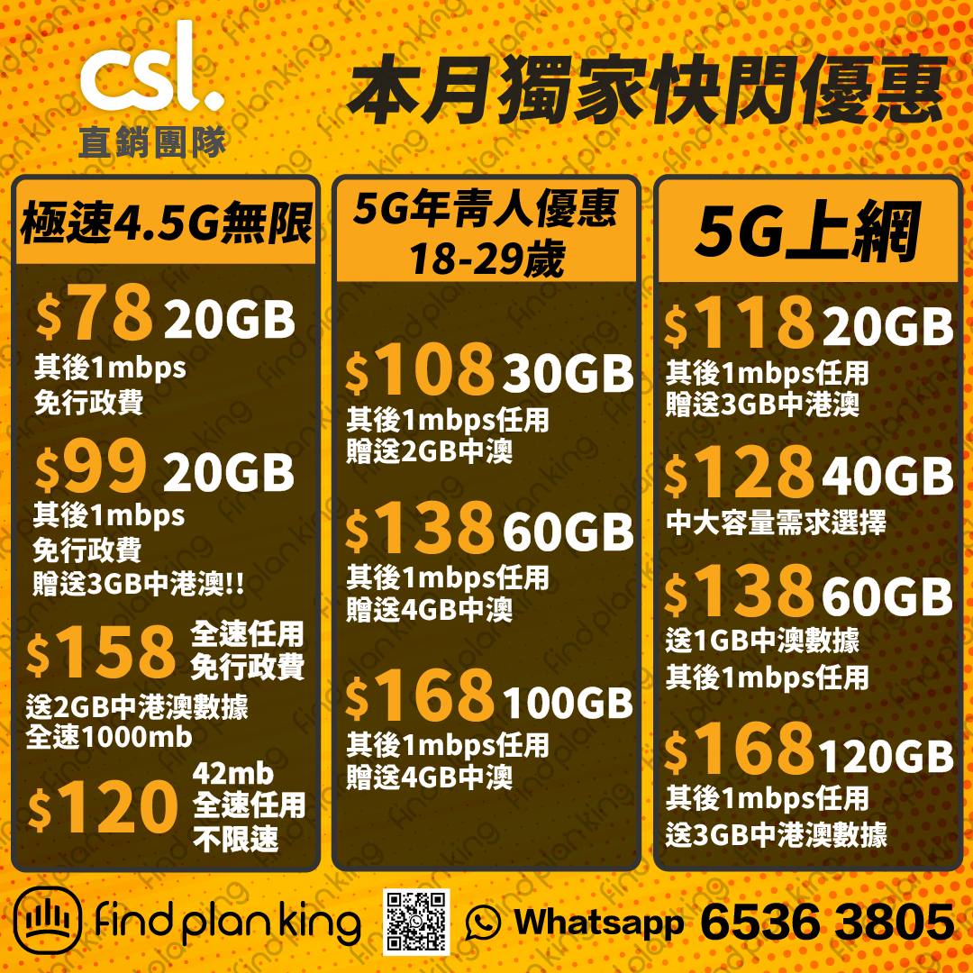 🔥CSL轉台 8月全網內部獨家勁爆優惠$78 20GB!
